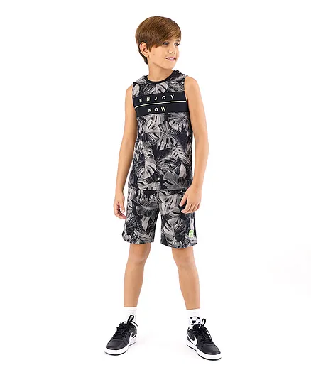 Primo Gino 100% Cotton Sleeveless Leaf Print T-shirt & Shorts Set - Dark Grey
