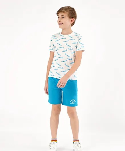 Primo Gino 100% Cotton Half Sleeves Aeroplane Print T-Shirt & Solid Color Shorts Set - Off White & Teal Blue