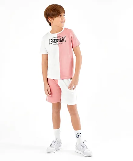 Primo Gino 100% Cotton Half Sleeves Color Block T-Shirt & Shorts Set with Text Print- Off White & Pink