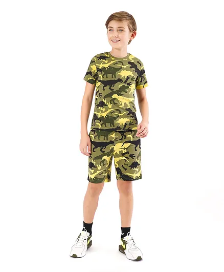 Primo Gino 100% Cotton Half Sleeves Dino Print T-shirt & Shorts Set - Green
