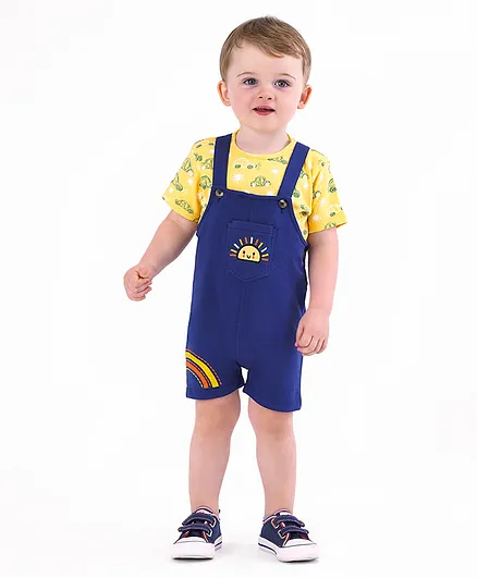 Bonfino 100% Cotton Dungaree with Half Sleeves Car Print T-Shirt - Blue