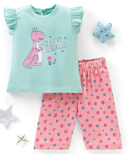 Babyhug Cotton Knit Cap Sleeves Night Suit Dino Print - Blue & Pink