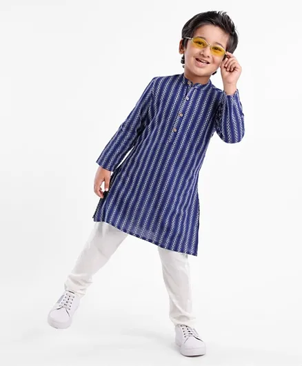 Babyhug Full Sleeves 100% Cotton Spiral Printed Kurta Pyjama Set - Indigo