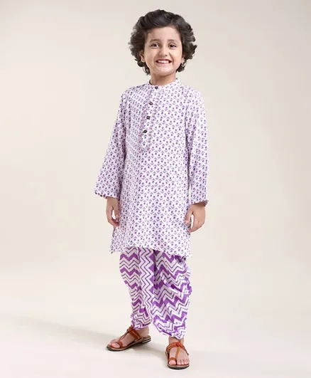 Babyhug Cotton Full Sleeves Kurta With Dhoti Floral Print & Embroidery - White & Purple
