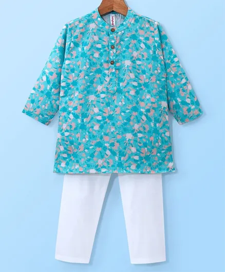 Babyhug 100% Cotton Woven Full Sleeves Kurta & Pyjama Set Abstract Print - Blue