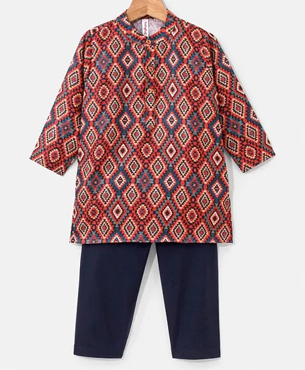 Pine Kids 100% Cotton Full Sleeves Printed Kurta & Pyjama Set- Maroon