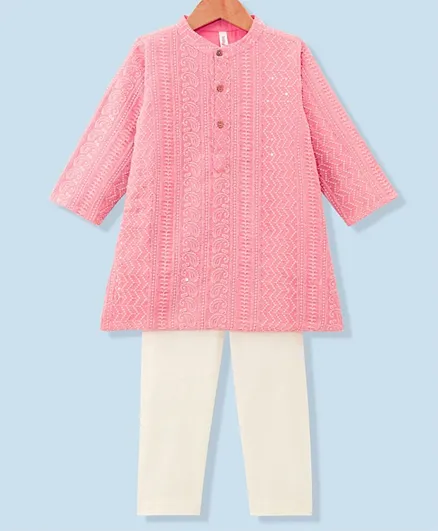 Babyhug Schiffly Embroidered Full Sleeves Kurta With Payjama Set- Peach & White