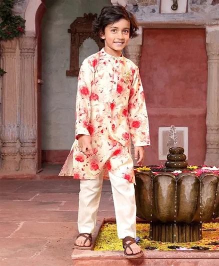 Babyhug 100% Cotton Woven Full Sleeves Kurta with Payjama Set Floral Print - White &  Pink