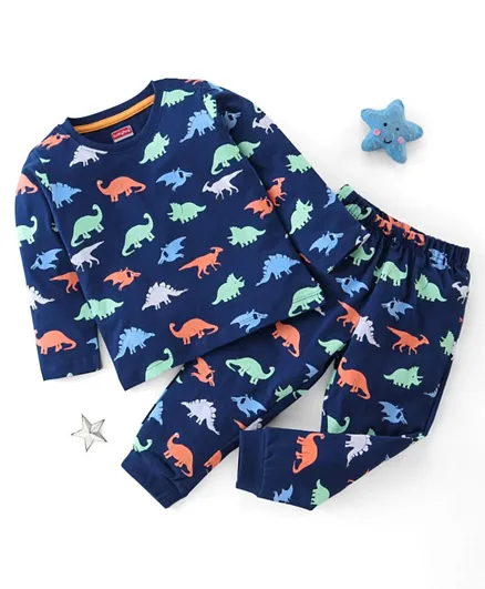 Babyhug Cotton Knit Full Sleeves Night Suit Dino Print - Navy Blue