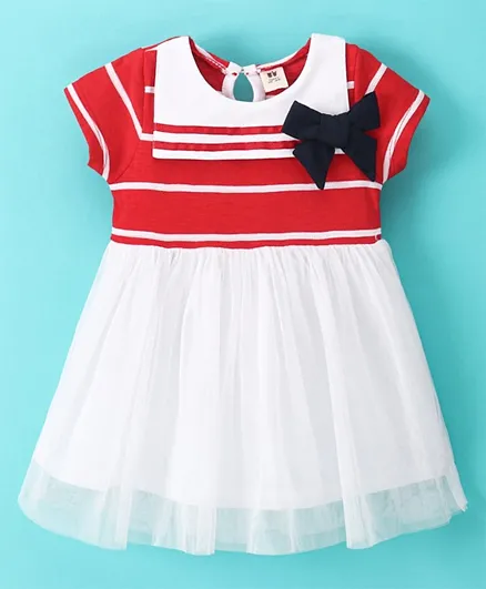 ToffyHouse Short Sleeves Striped Frock with Bow Applique & Net Detailing - Red