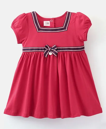ToffyHouse Half Sleeves Solid Frock with Tape Detailing & Bow Applique - Red