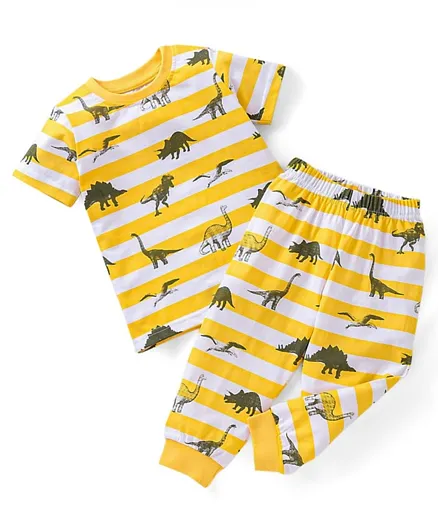 Babyhug Cotton Knit Half Sleeves Striped Night Suit Dino Print  - Yellow