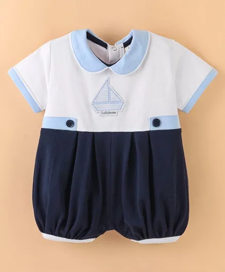 ToffyHouse 100% Cotton Half Sleeves Romper Boat Embroidery- Navy Blue & White