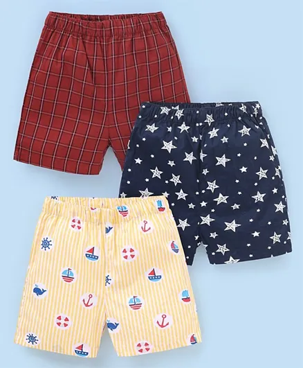 Babyhug Cotton Knit Boxers Boat & Stars Print Pack of 3 - Maroon Navy Blue  & Yellow