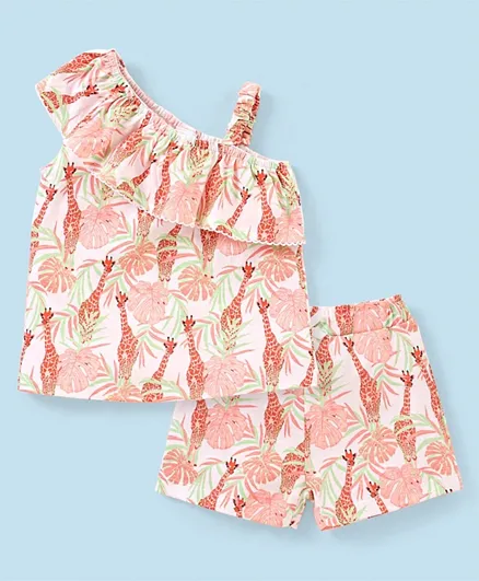 Babyhug Frill Detailing Giraffe Print Top & Shorts/Co-ord Set - Off White & Pink