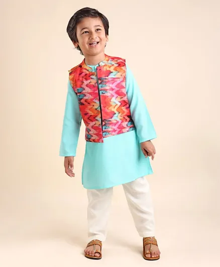 Babyhug 100% Cotton Full Sleeves Kurta Payjama Set With Waistcoat Ikat Print - Blue & White