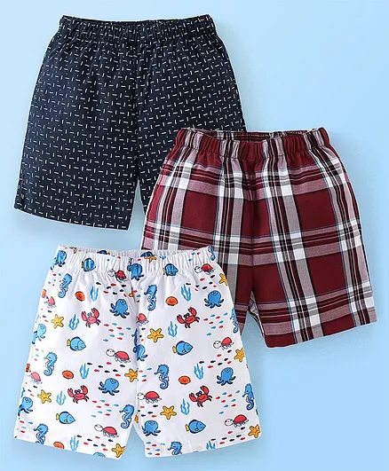 Babyhug Cotton Woven Knee Length Boxers Checks & Marine Life Print Pack of 3 - Maroon White & Black