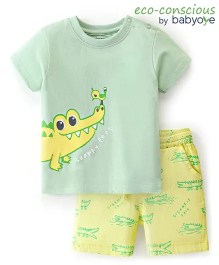 Babyoye 100% Cotton Half Sleeves T-Shirt & Shorts Set Dino Print- Green & Yellow