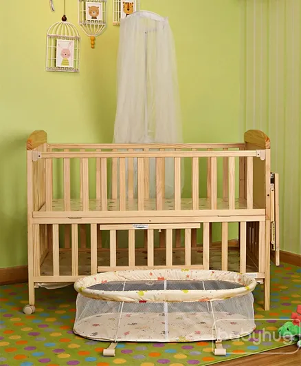 Babyhug Kelly Wooden Cot With Detachable Bassinet & Mosquito Net - Natural