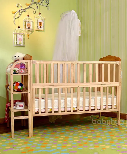 Babyhug Lily Wooden Cot With Detachable Bassinet & Side Shelf - Light Brown