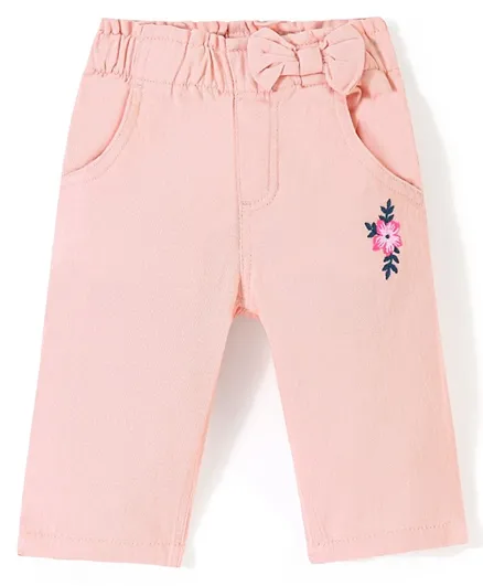 Babyhug Cotton Spandex Woven Mid Calf Capris with Floral Embroidery & Bow Applique - Peach