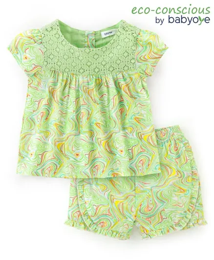 Babyoye Eco-Conscious Cotton Woven Sleeveless Crinkle Gauze Printed Top & Shorts/Co-ord Set - Green