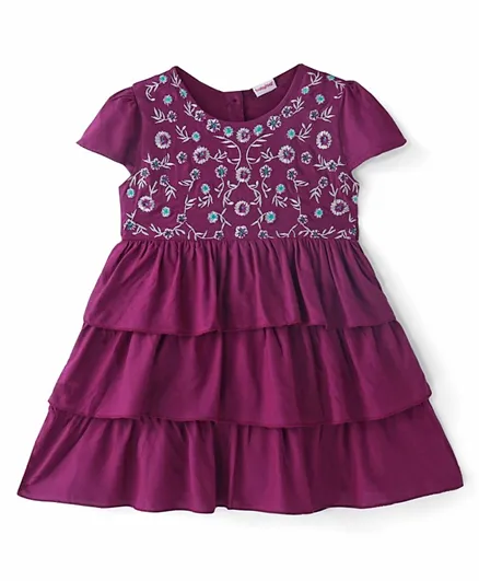 Babyhug Rayon Half Sleeves Woven Layered Frock With Floral Embroidery  - Purple