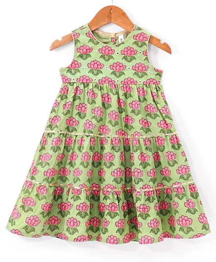 Babyhug Cotton Woven Floral Printed Sleeveless Ethnic Dress with Sequence Highlighted Yoke - Green