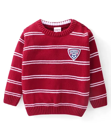 Babyhug 100% Acrylic Full Sleeves Sweater Stripes Design With Badge- Red