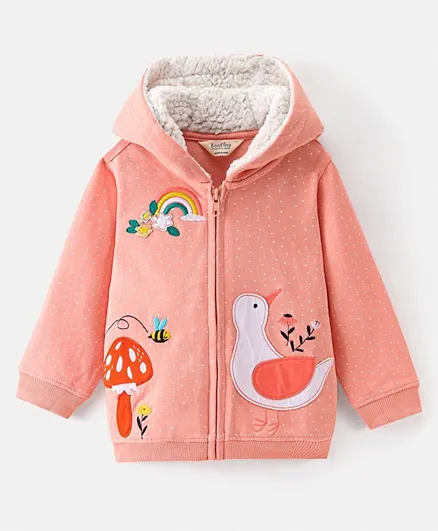 Bonfino 100% Cotton French Terry Fabric Hooded Full Sleeves Sweatshirt with Garden Theme Applique Embroidery - Coral Pink