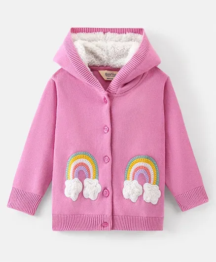 Bonfino 100% Cotton Knit Full Sleeves Hooded Cardigan with Sherpa Lining Cloud Rainbow Embroidery- Pink