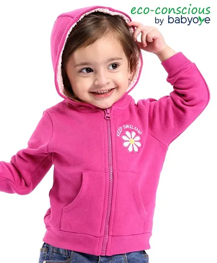 Babyoye Brushed Fleece Cotton Knit Eco Conscious Sweatshirt With Floral Embroidery Lining - Pink