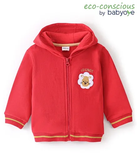 Babyoye Brushed Fleece 100% Cotton Knit Full Sleeves Hooded Sweatjacket with Text Embroidery & Patch - Red