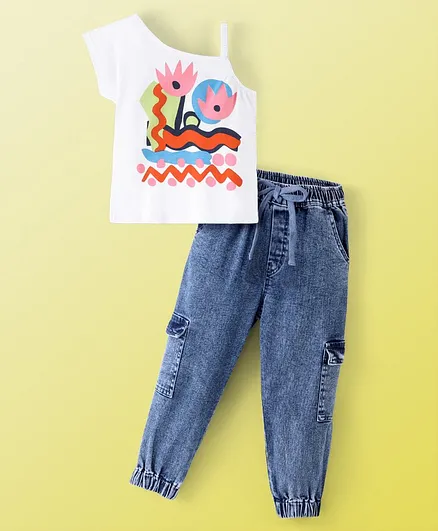 Ollington St. Printed One Shoulder Top with Stretchable Denim Joggers - White & Indigo