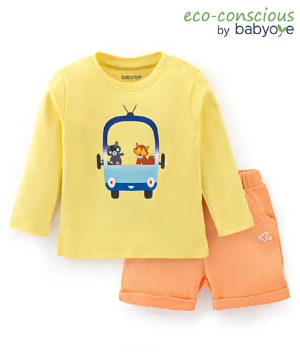 Babyoye 100% Cotton with Eco Jiva Finish Full Sleeves T-Shirt & Shorts Set - Yellow & Orange