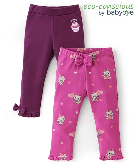 Babyoye Eco Conscious 100% Cotton Full Length Leggings With Kitty Print Pack Of 2 - Pink & Purple