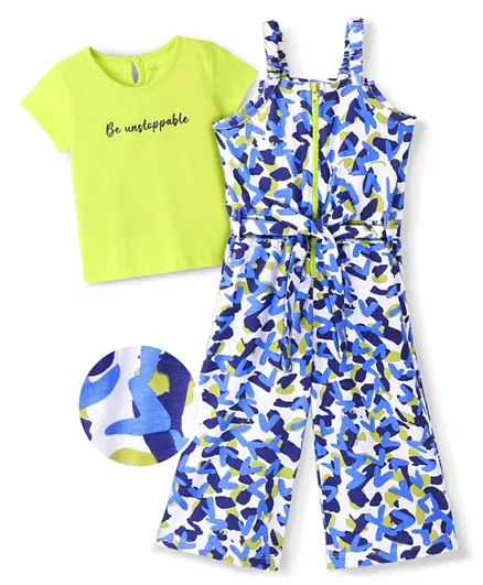 Ollington St. 100% Cotton Half Sleeves Top With Jumpsuit Camouflage & Text Print - Green & Blue