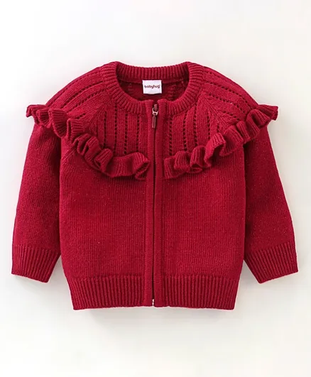 Babyhug 100% Acrylic Knit Full Sleeves Front Open Sweater with Frill Details - Maroon