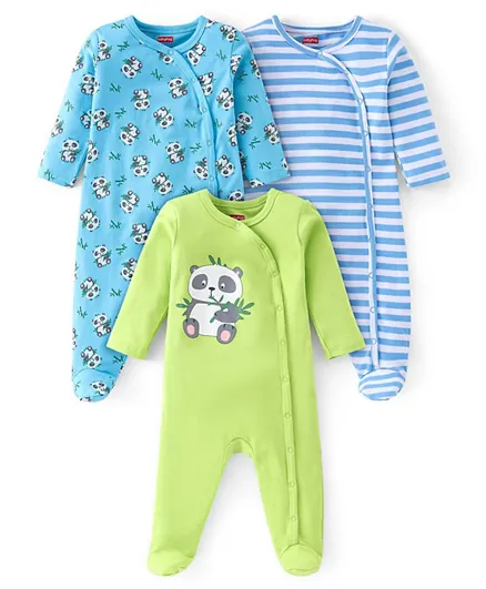 Babyhug Cotton Knit Full Sleeves Footed Sleepsuits with Panda Print Pack of 3 - Multicolor