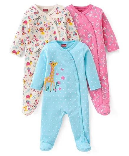 Babyhug Cotton Interlock Knit Full Sleeves Sleep Suits Floral Print Pack of 3 - Multicolor
