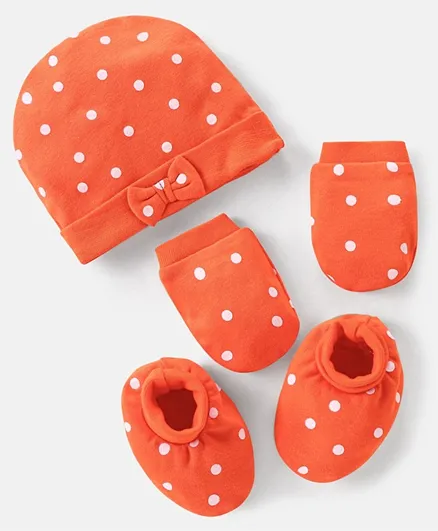 Bonfino  100% Cotton Polka Dot Print With Bow Applique Cap Mittens & Booties Set Orange- Diameter 11 cm