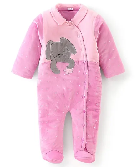 Babyhug Cotton Knit Full Sleeves Winter Wear Romper With Bunny Embroidery - Pink