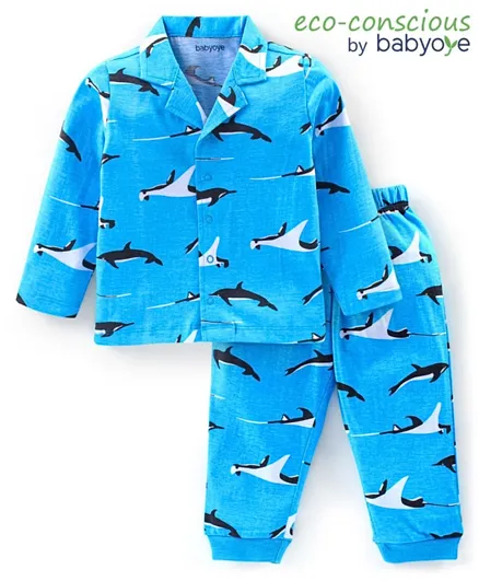 Babyoye 100% Cotton Knit With Antibacterial Finish Full Sleeves Night Suit Marine Life Print - Blue