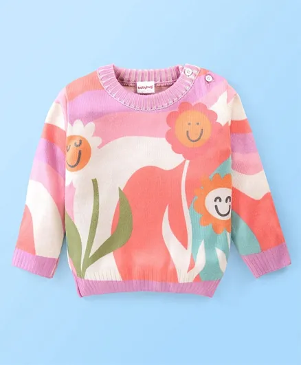 Babyhug Acrylic Knit Pullover Flower Design - Multicolor