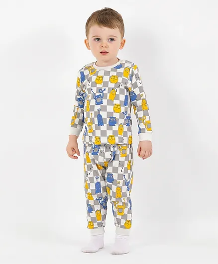 Bonfino 100% Cotton Full Sleeves Checked Night Suit with Cartoon Print - White & Blue