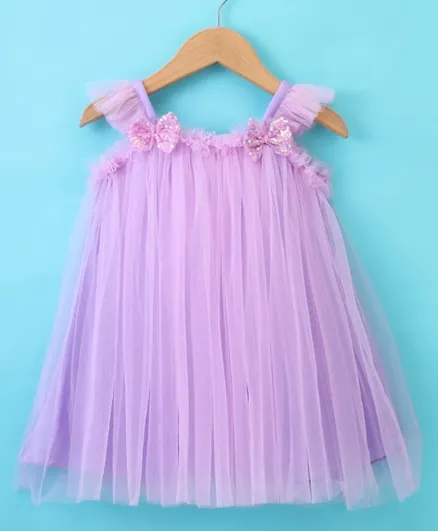 Babyhug Sleeveless Bow with Sequins Detailing Aline Mesh Party Frock -  Purple
