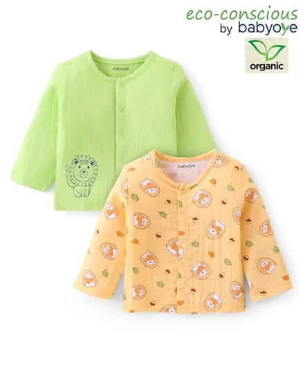 Babyoye  100%  Organic Gauze with Eco Jiva Finish Full Sleeves Lion Printed Vests Pack of 2- Cream