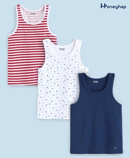 Honeyhap Premium Cotton Elastane Solid Stripes & Stars Printed Vests with Silvadur Antimicrobial Finish Pack of 3 - Multicolor