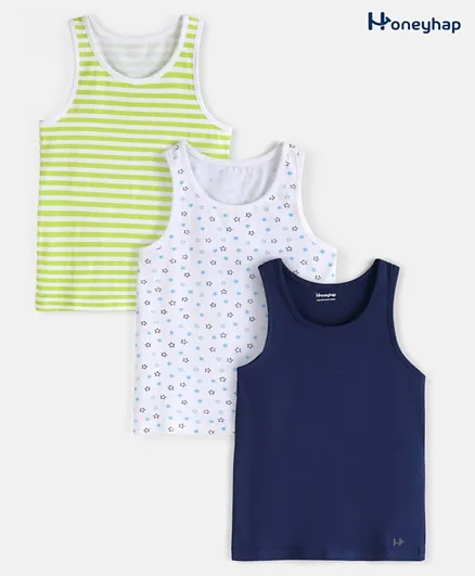 Honeyhap Premium Cotton Elastane Sleeveless Solid Stripes & Stars Printed Vests with Silvadur Antimicrobial Finish Pack of 3 - Multicolor