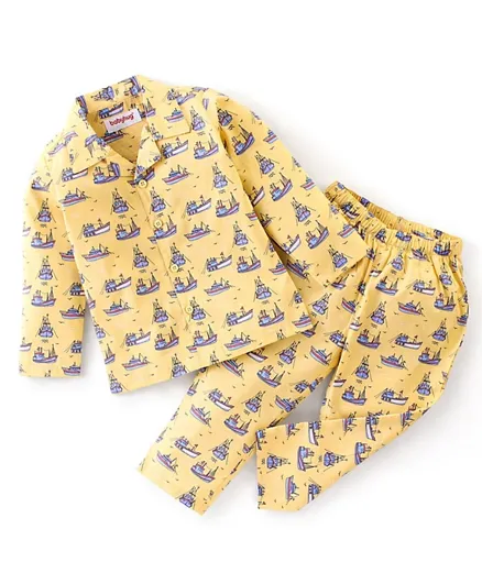 Babyhug Cotton Woven Full Sleeves Boat Printed Night Suit - Yellow